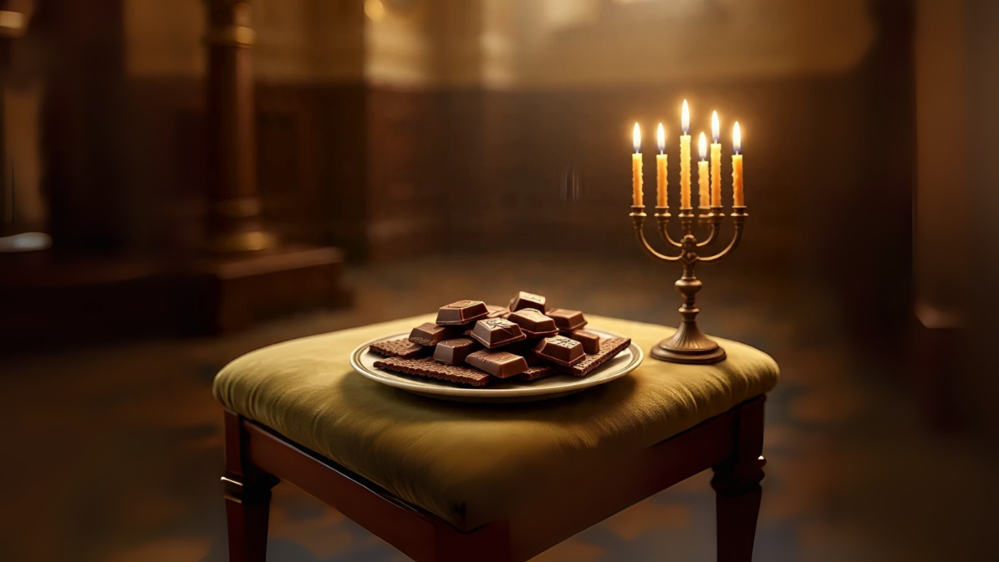 Kosher chocolate pieces beside menorah in Jewish mourning setting.