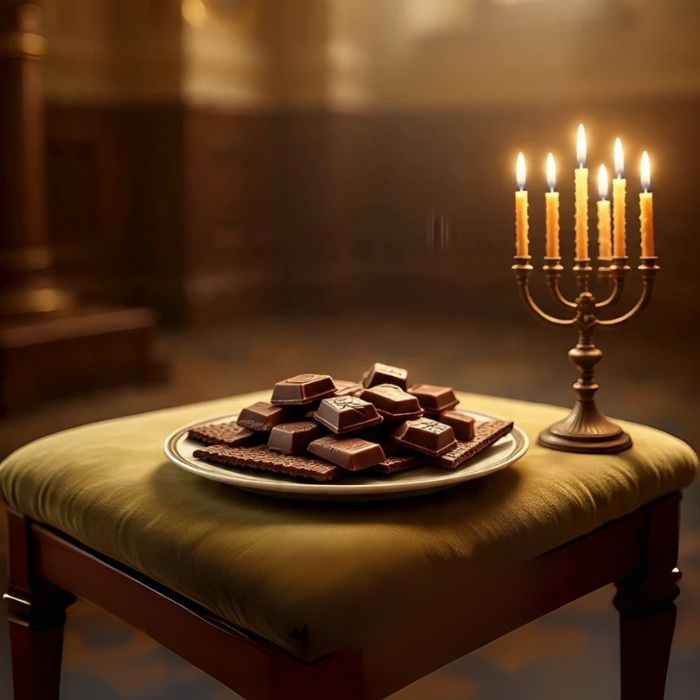 Kosher chocolate pieces beside menorah in Jewish mourning setting.