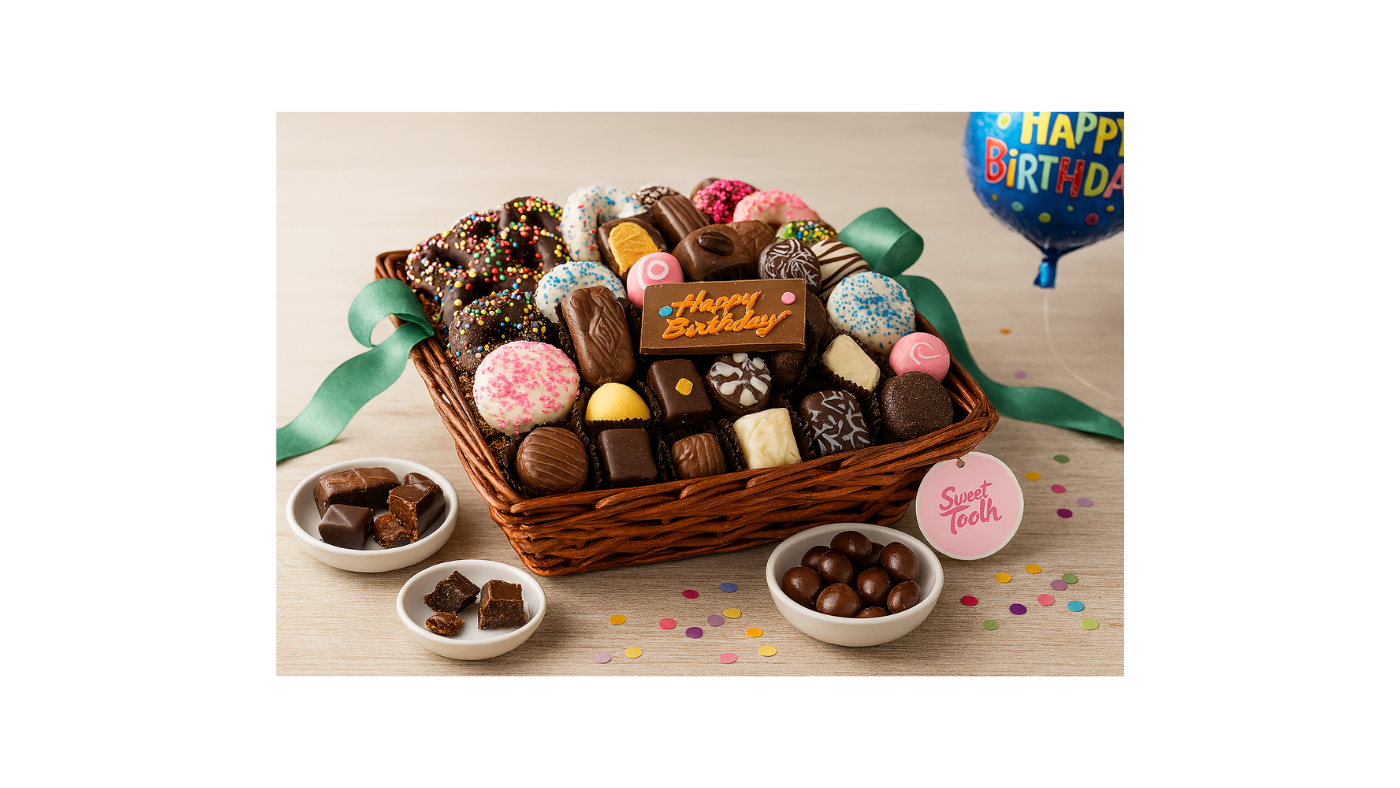 Luxury birthday chocolate gift basket with assorted premium treats.