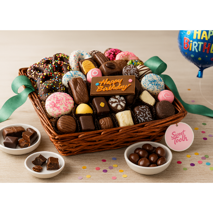 Luxury birthday chocolate gift basket with assorted premium treats.