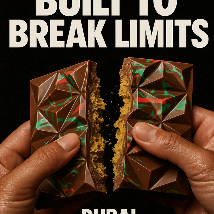 Hands breaking vibrant Dubai chocolate bar with boldBuilt to Break Limits" text.