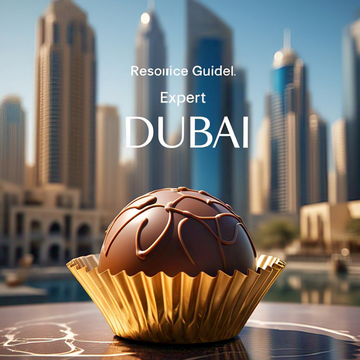 Luxurious Dubai chocolate truffle with city skyline backdrop.