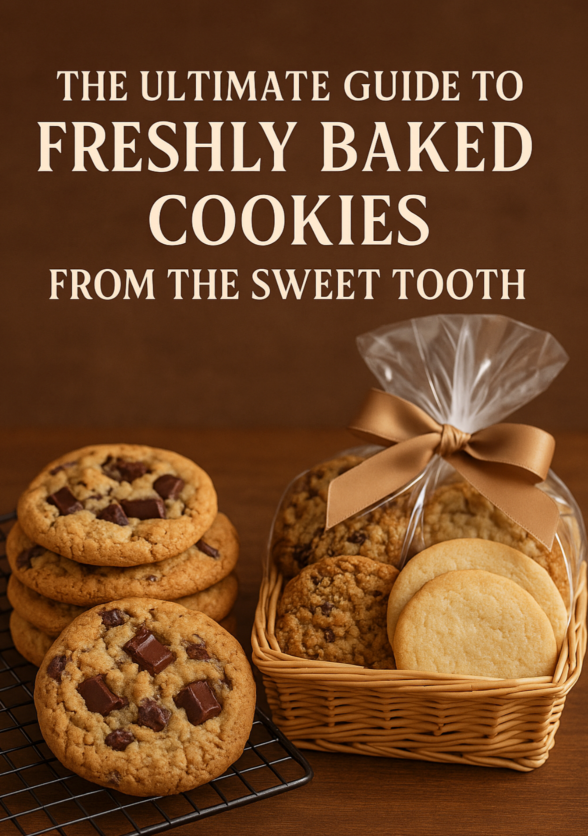 Stack of golden-brown chocolate chunk cookies on a cooling rack beside a wicker basket filled with oatmeal, sugar, and chocolate chunk cookies, wrapped in clear cellophane with a satin bow, set against a warm brown background.