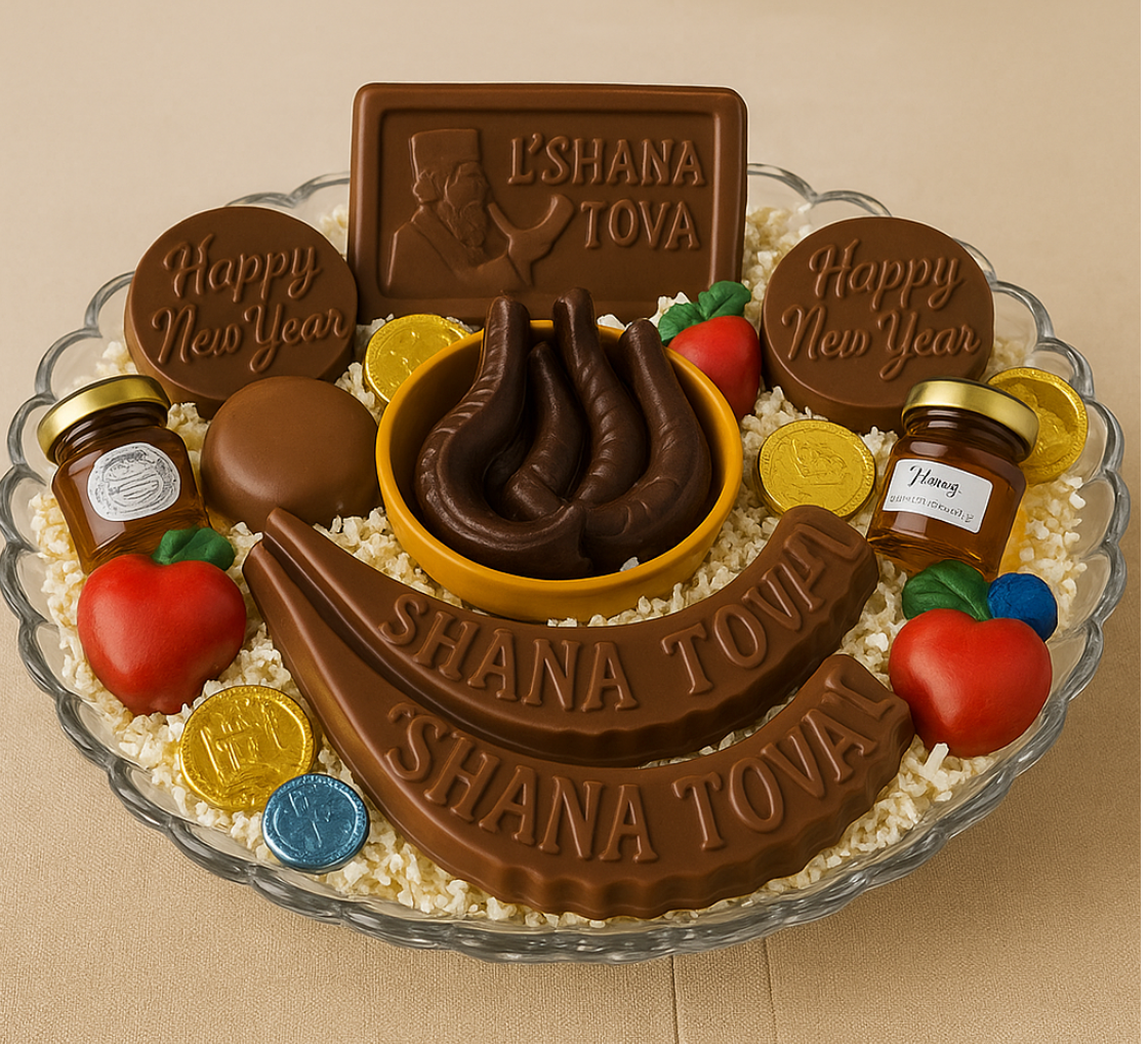 Rosh Hashana chocolate platter with shofar and plaques, honey, chocolate apples