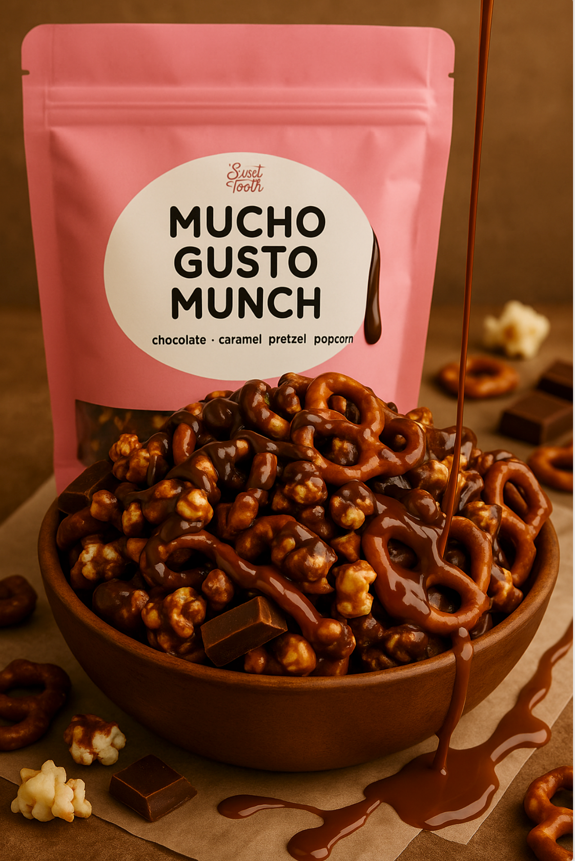 Mucho Gusto Munch chocolate caramel pretzel popcorn snack in bowl.