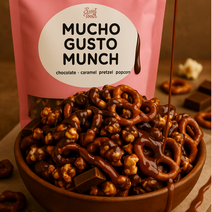 Mucho Gusto Munch chocolate caramel pretzel popcorn snack in bowl.