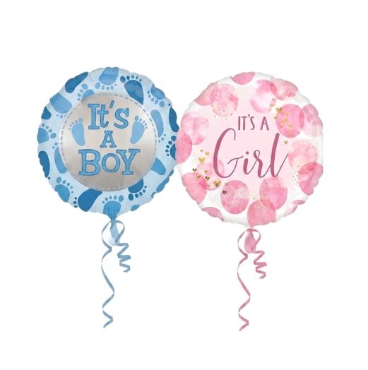 Two round foil balloons on a white background, one blue with a lace pattern and the text 'IT'S A BOY', and one pink with a floral pattern and the text 'IT'S A Girl'.