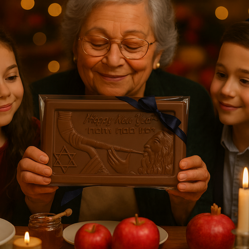 Grandmother holding a Chocolate Bar Rosh Hashana with children around a table.