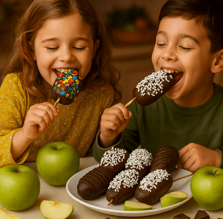 Two children enjoy a 6-pack Rosh Hashanah Chocolate Apple Sticks, featuring crisp apples dipped in Belgian chocolate with festive toppings.