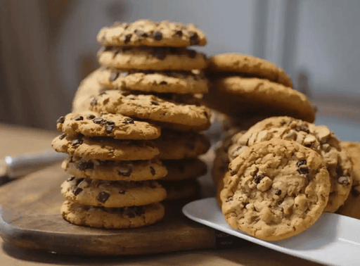 Stacks of cookies on a wooden plate and white plate with a blurred background