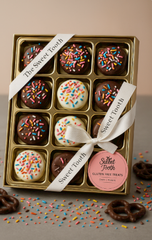 Box of assorted gluten-free treats with colorful sprinkles, branded 'The Sweet Tooth'.