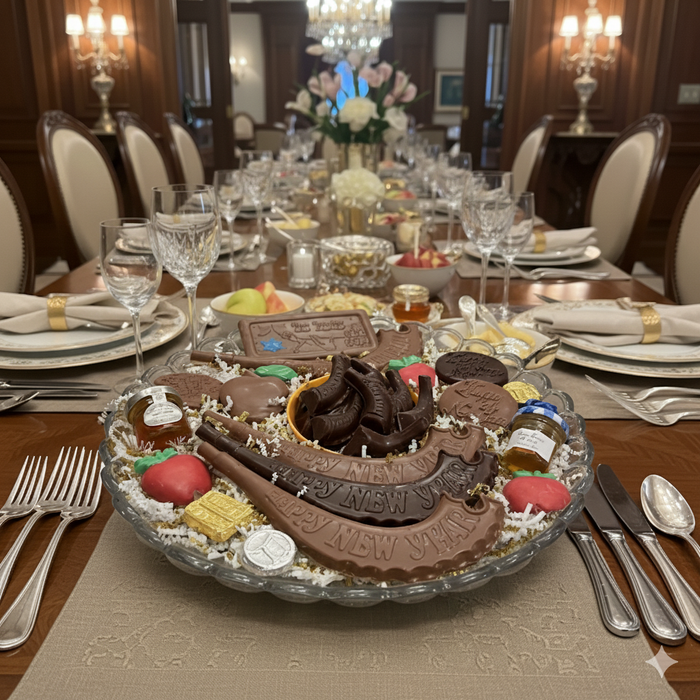 Dining table set with a large chocolate Sweet Tooth centerpiece, surrounded by plates, glasses, and silverware.