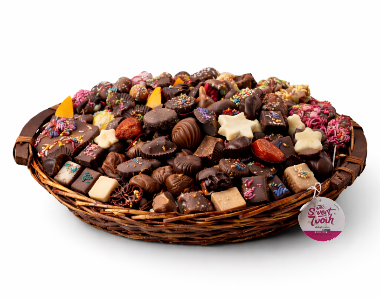 Basket of assorted chocolates with a 'Sweet Tooth' tag on a white background