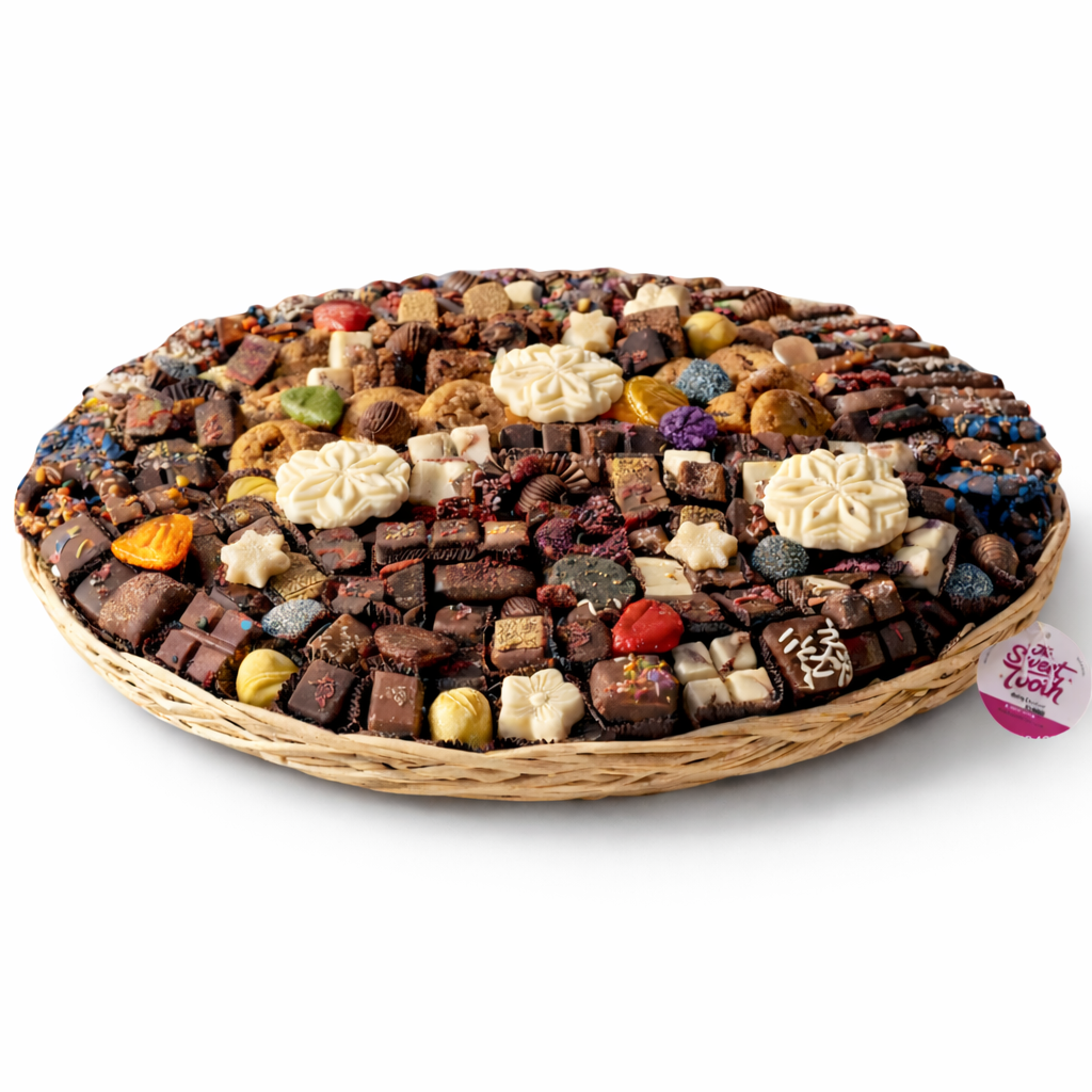 Assorted chocolate truffles in a wicker basket on a white background