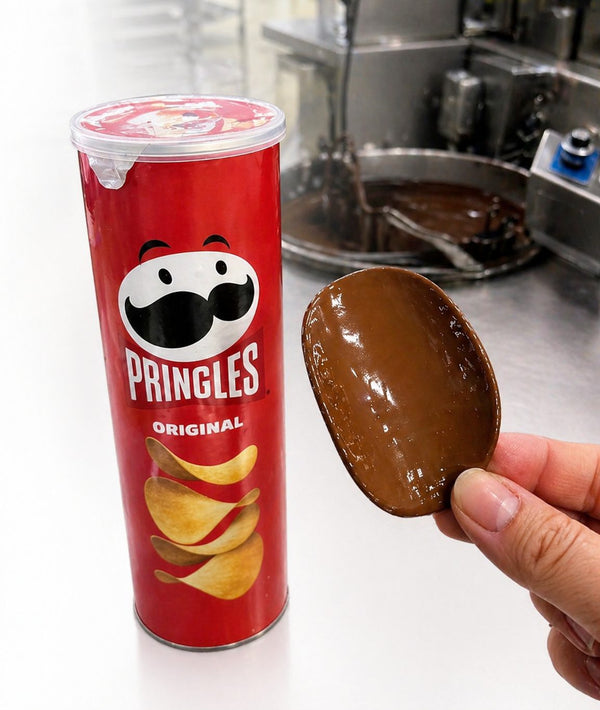 Pringles can with a chocolate cookie on a kitchen counter