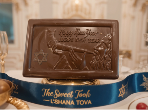 Chocolate bar with New Year design on a table with a blue ribbon.