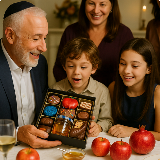 Family gathered around a table with apples and pomegranates,celebrating Rosh Hashanah.