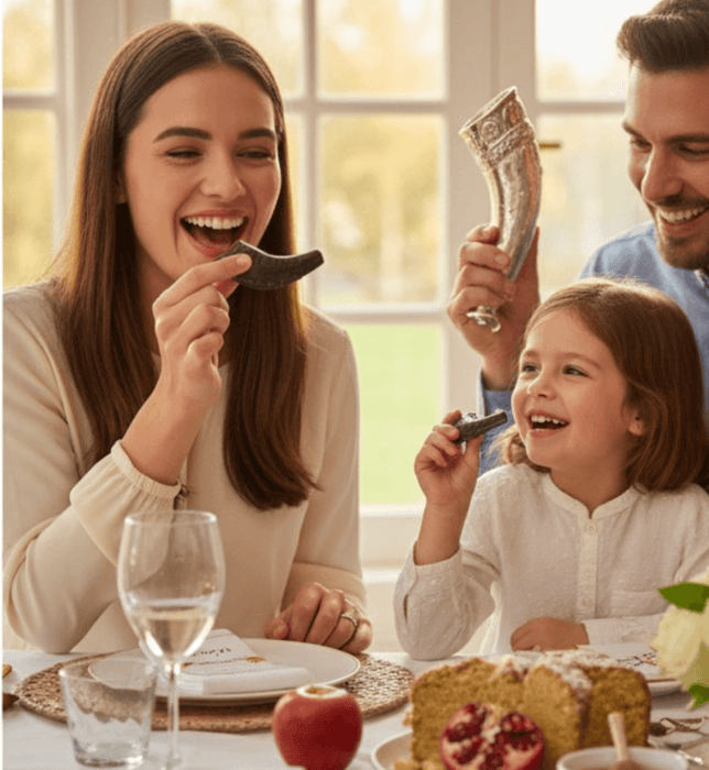 Family of three enjoying a meal together with a focus on a woman and child holding small decorative items.