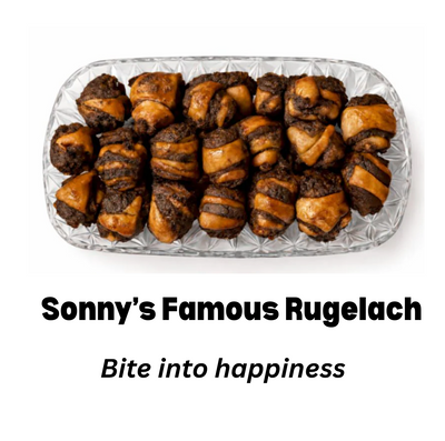 Glass dish filled with rugelach with text 'Sonny's Famous Rugelach' and 'Bite into happiness'.
