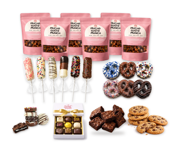 The Sweet Tooth's Ultimate Sampler: 6 bags of Mucho Gusto Munch, 6 chocolate marshmallow sticks, 6 chocolate-covered Oreos, 6 chocolate-dipped pretzels, 6 chocolate brownies, 6 cookies and a box of 9 truffles