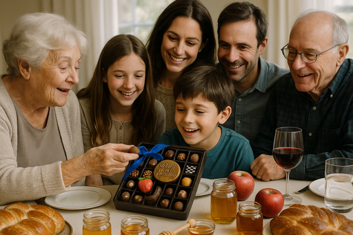 Family gathered around a table with a box of chocolates and apples for Rosh Hashana