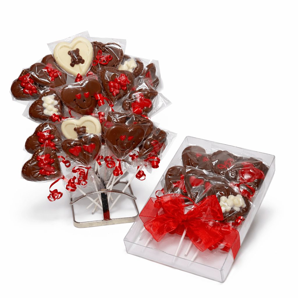 Valentineβs Chocolate Lollipops, 6-count gift box with chocolate heart-shaped & bear lollipops.
