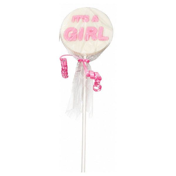 It's a Girl chocolate lollipop on a stick