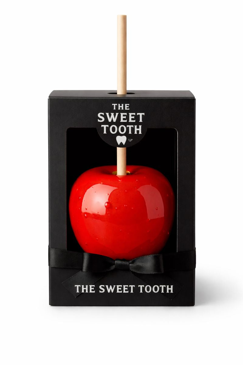 Boxed red candy apple gift with black ribbon, kosher handcrafted treat from The Sweet Tooth North Miami Beach since 1979