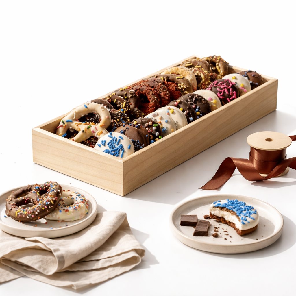 chocolate covered pretzels and oreos in wood gift tray kosher The Sweet Tooth North Miami Beach since 1979