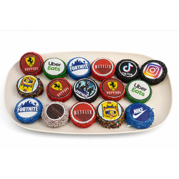 Custom logo chocolate dipped Oreos with branded designs, handmade corporate gift treats, The Sweet Tooth North Miami Beach since 1979