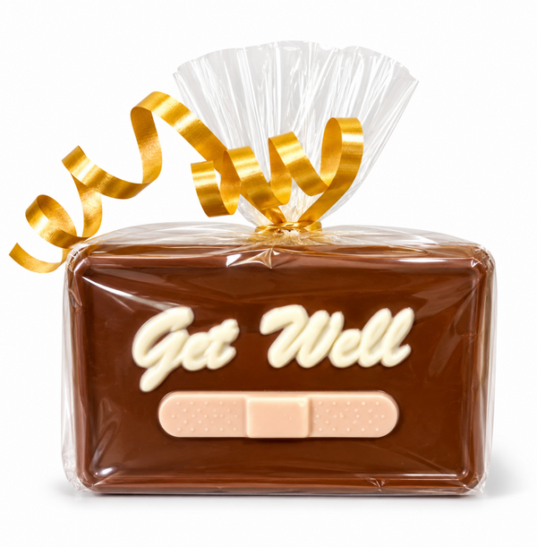 Get Well Soon chocolate greeting card, 3 1/2 by 2 inch chocolate plaque
