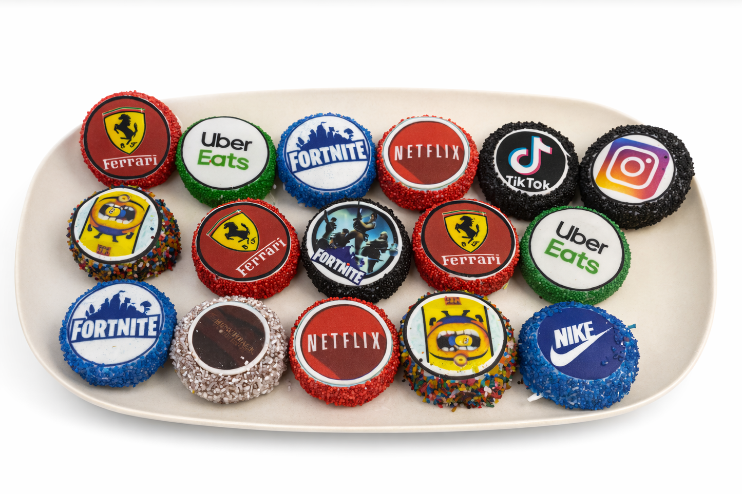 Assorted branded bottle caps on a white plate