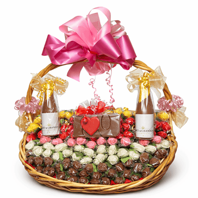 One-of-one luxury chocolate basket with 102 handcrafted chocolate roses, chocolate champagne bottles, and love plaque by The Sweet Tooth.
