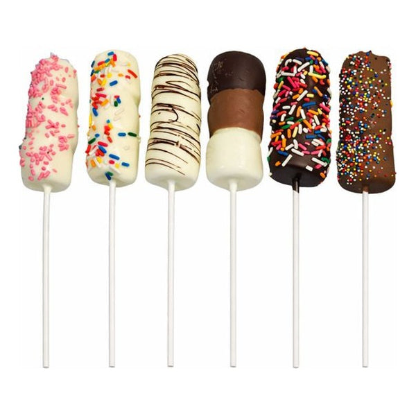 Assorted chocolate-dipped treats on sticks with different toppings on a white background handcrafted treat The Sweet Tooth North Miami Beach since 1979