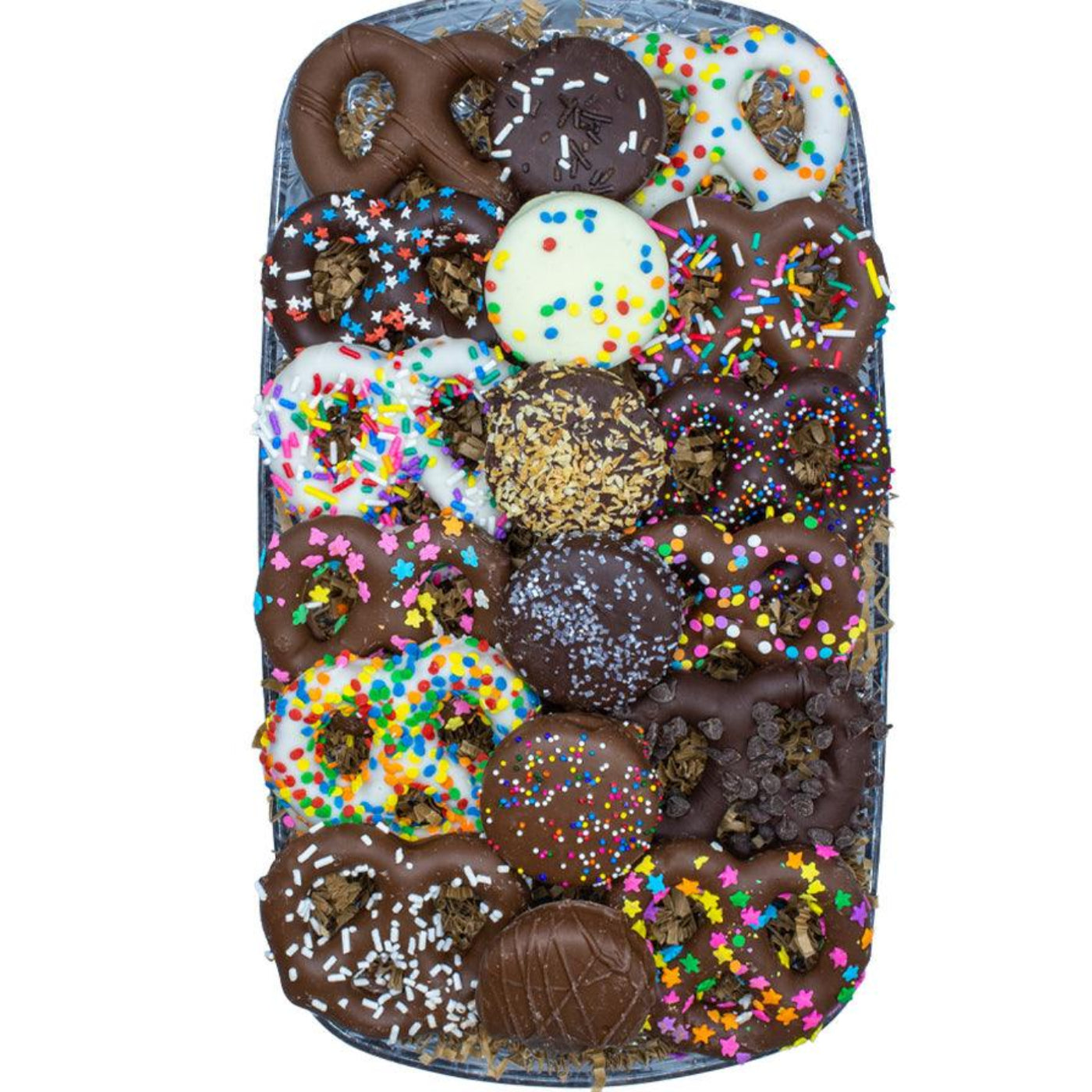 Chocolate gift tray of hand-dipped pretzels and Oreos with colorful sprinkles from The Sweet Tooth