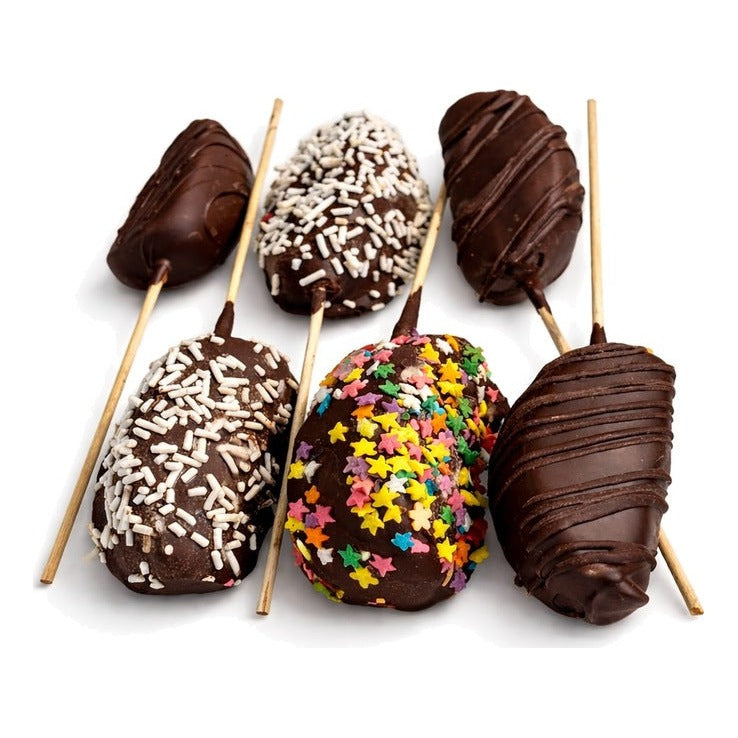 Six chocolate-dipped apple sticks, dairy or parve/vegan