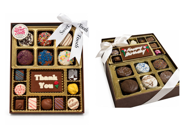 Say It with Chocolate gift box greeting options: Thank You and Happy Birthday, shown side by side