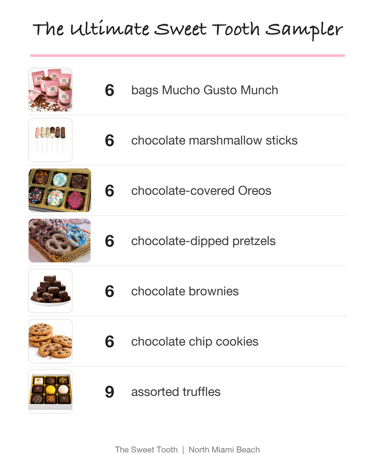 The Sweet Tooth's Ultimate Sampler pack list: 6 bags Mucho Gusto Munch, 6 chocolate marshmallow sticks, 6 chocolate-covered Oreos, 6 chocolate-dipped pretzels, 6 chocolate brownies, 6 chocolate chip cookies, 9 assorted truffles
