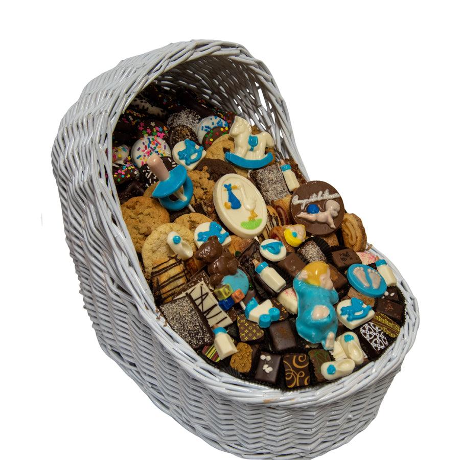Baby Bassinet Gift Basket filled with assorted cookies, chocolates, and baby-themed treats in a white woven bassinet for baby boy celebrations.