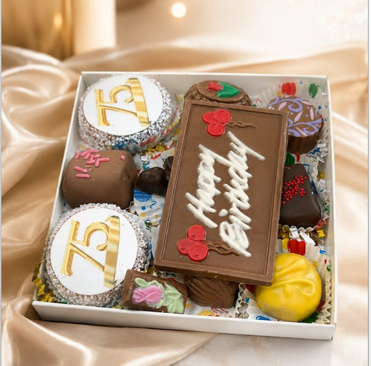 75th birthday chocolate gift box with 75 chocolate-dipped Oreos and Happy Birthday plaque from The Sweet Tooth in North Miami Beach