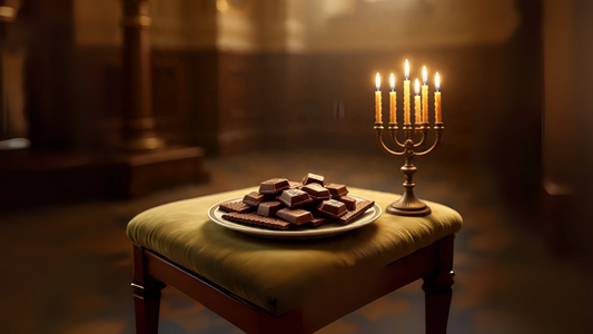 Kosher chocolate pieces beside menorah in Jewish mourning setting.