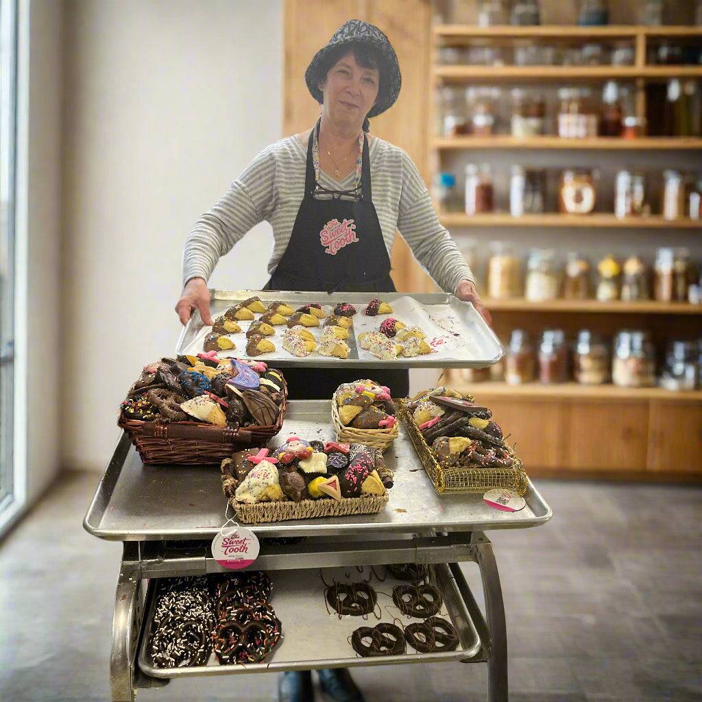 Chocolate-dipped hamantaschen Purim gift from The Sweet Tooth North Miami Beach, Kosher Miami certified