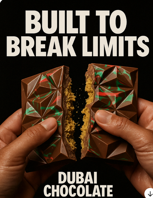 Hands breaking vibrant Dubai chocolate bar with boldBuilt to Break Limits" text.