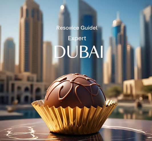 Luxurious Dubai chocolate truffle with city skyline backdrop.