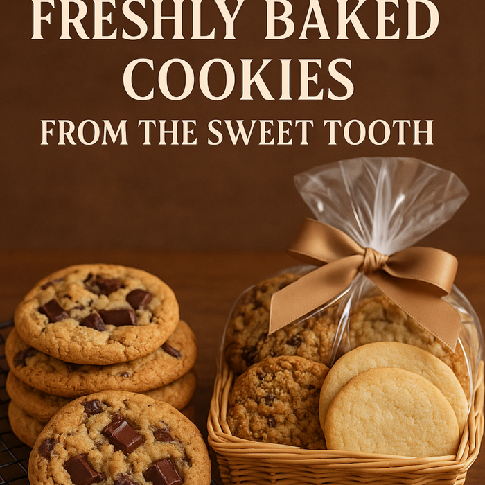 Stack of golden-brown chocolate chunk cookies on a cooling rack beside a wicker basket filled with oatmeal, sugar, and chocolate chunk cookies, wrapped in clear cellophane with a satin bow, set against a warm brown background.