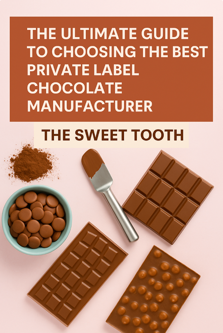 Overhead view of milk chocolate bars, chocolate discs in a bowl, cocoa powder, and a spatula on a pastel pink background with text reading “The Ultimate Guide to Choosing the Best Private Label Chocolate Manufacturer – The Sweet Tooth.