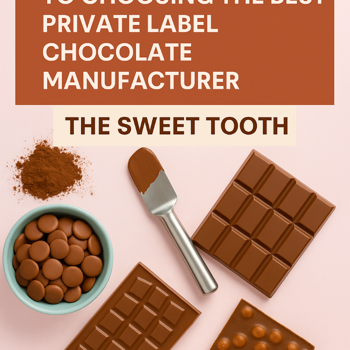 Overhead view of milk chocolate bars, chocolate discs in a bowl, cocoa powder, and a spatula on a pastel pink background with text reading “The Ultimate Guide to Choosing the Best Private Label Chocolate Manufacturer – The Sweet Tooth.