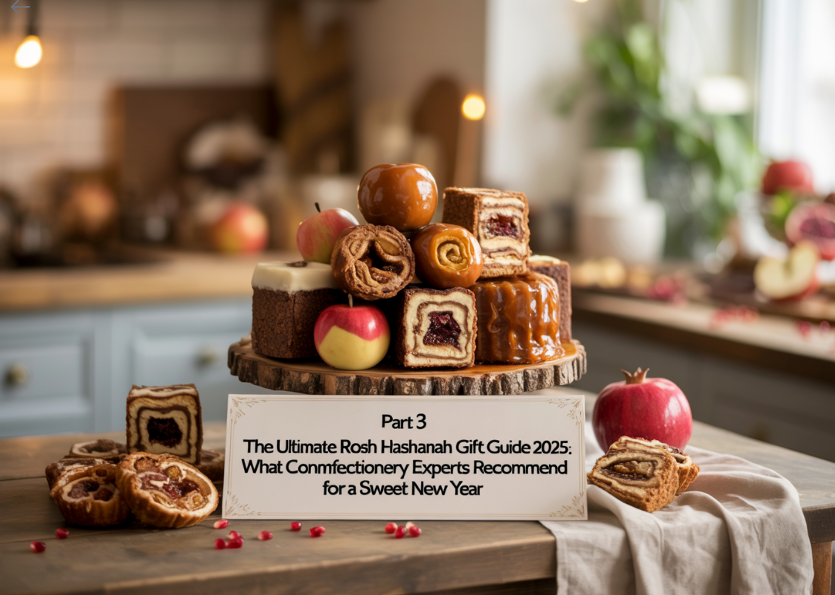 Elegant Rosh Hashanah dessert display with pastries and apples on rustic table.