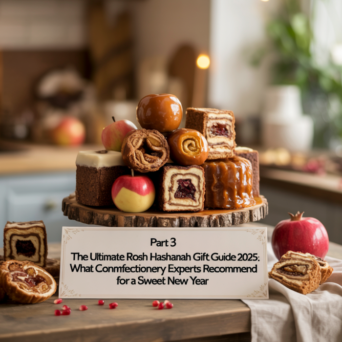 Elegant Rosh Hashanah dessert display with pastries and apples on rustic table.