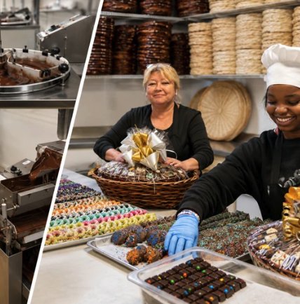 The Sweet Tooth team arranging trays of dipped treats and gift baskets in the chocolate factory